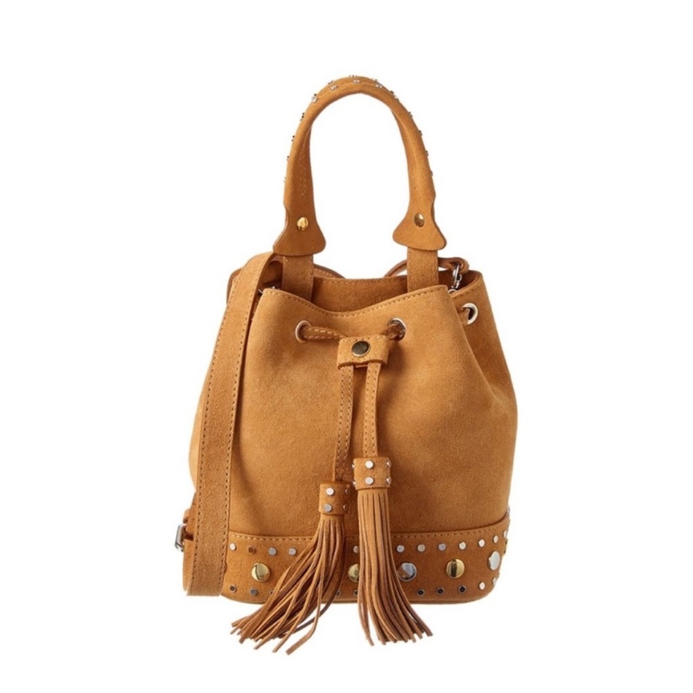 Sandro Alandra Studded Suede Bucket Bag in Tan Crossbody